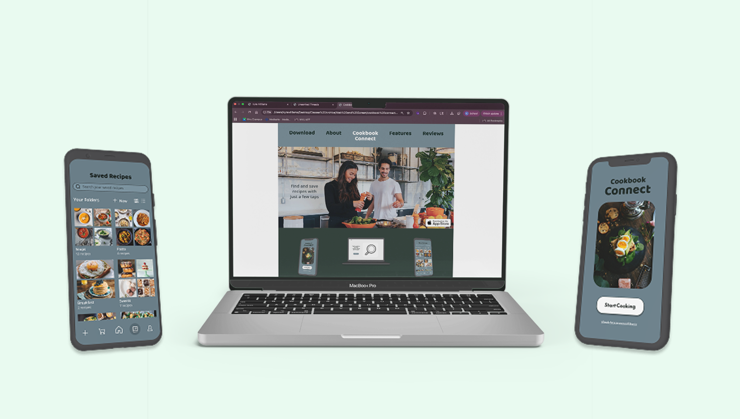Wide view of Cookbook connect app and accompanying website on laptop and phone.