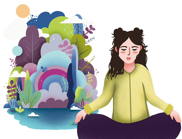 Close up image of Cultivated Calm illustration showing character meditating