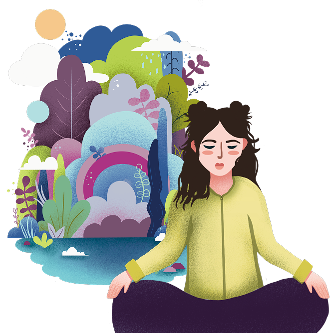 Close up image of Cultivated Calm illustration showing character meditating