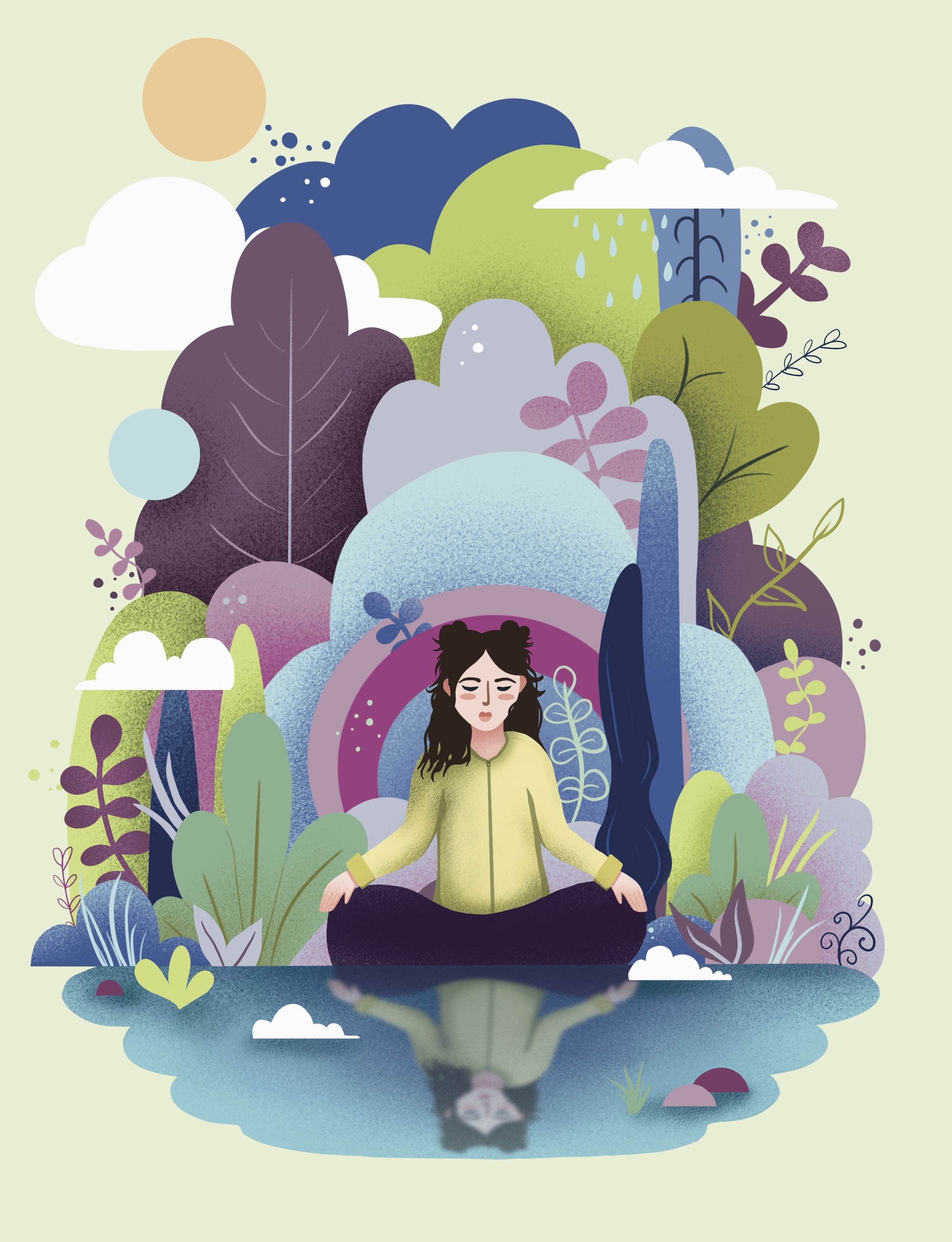 Cultivated Calm digital illustration showing a character meditating surrounded by plants and shapes.