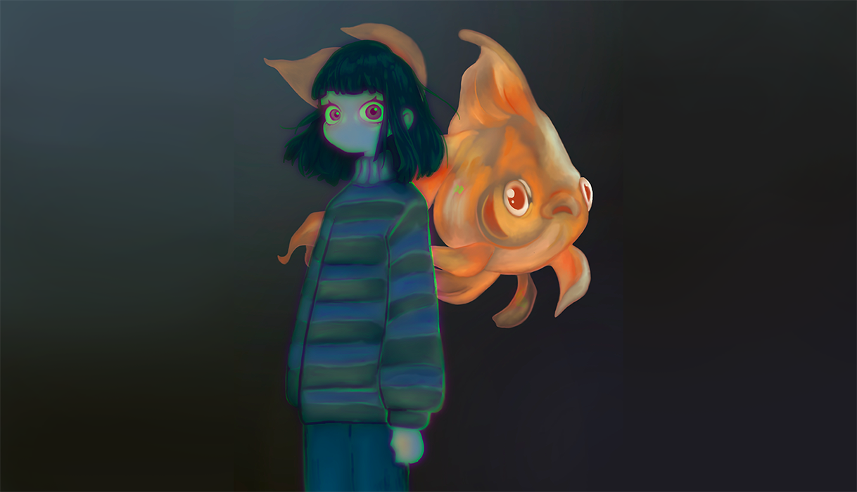 Wide view of Between Lungs and Gills digital illustration showing a girl and goldfish.