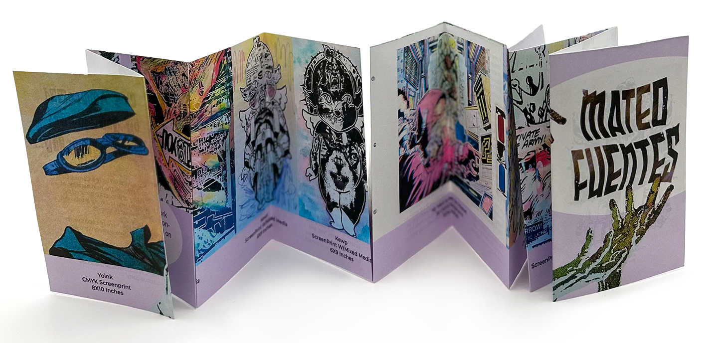 Long spread of the accordian fold zine showcasing printmaking graphics by Mateo Fuentes.