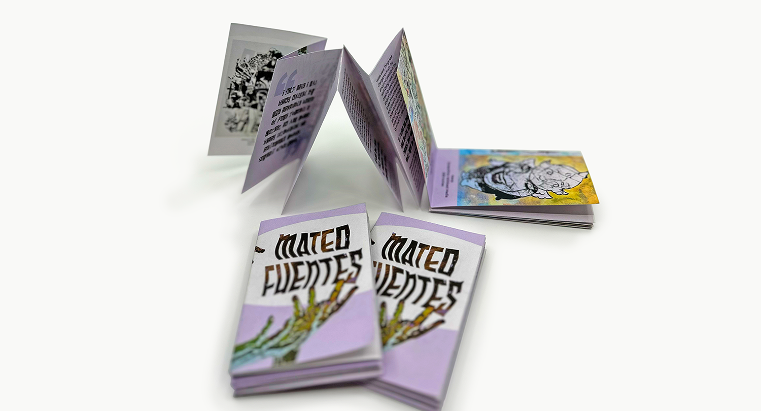 Wide view of the Not Approved: Mateo Fuentes zine showcasing bright colors and bold printmaking visuals. 