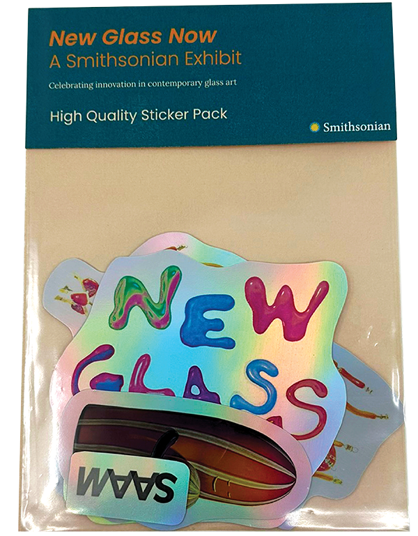 Sticker pack from the New Glass Now project featuring colorful, holographic stickers.
