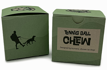 Image showcasing Waggin' Trails packaging design for tennis ball chew toy.