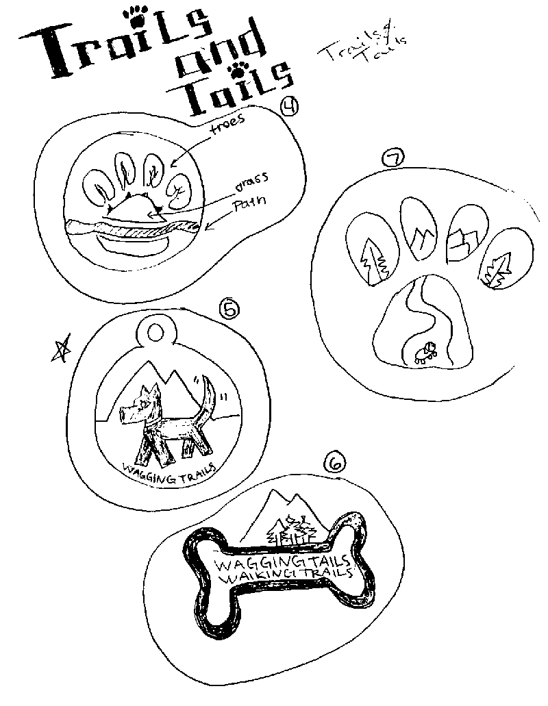 Initial sketches and logo concepts for the Waggin' Trails logo design. 