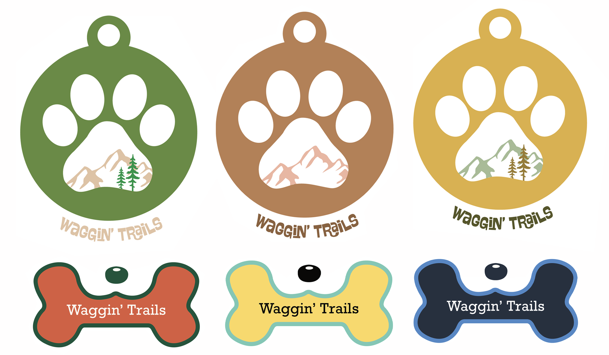 Initial logo concepts for the Waggin' Trails logo design.